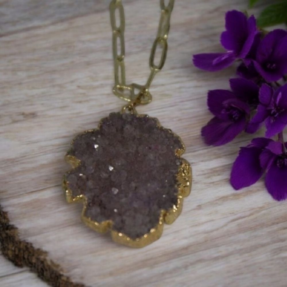 Hespera Amethyst Druzy Paperclip Necklace 15" Length
